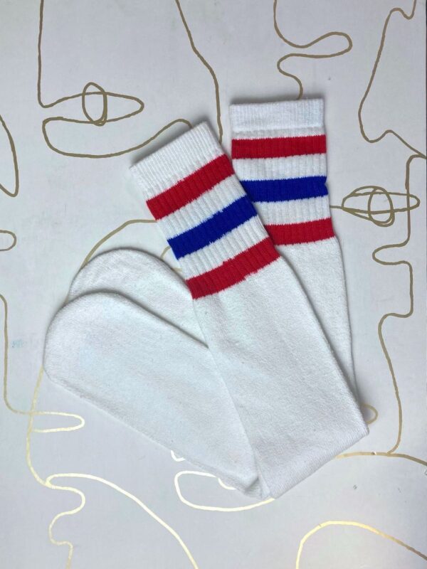 product details: RED &AMP; BLUE STRIPED 1970S ROLLER-DISCO TUBE SOCKS photo