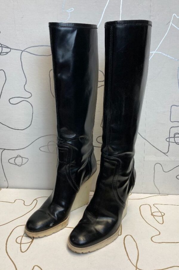 product details: 2-47 AS-IS TWO TONE PATENT LEATHER KNEE HIGH WEDGE BOOTS photo
