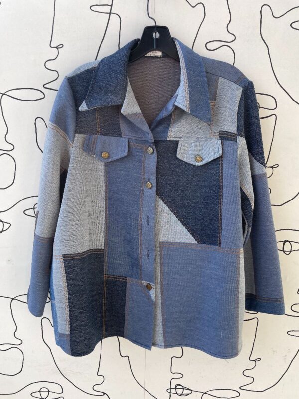 product details: AS IS 1970S FAUX DENIM PATCHWORK JACKET *MISSING BUTTONS* photo