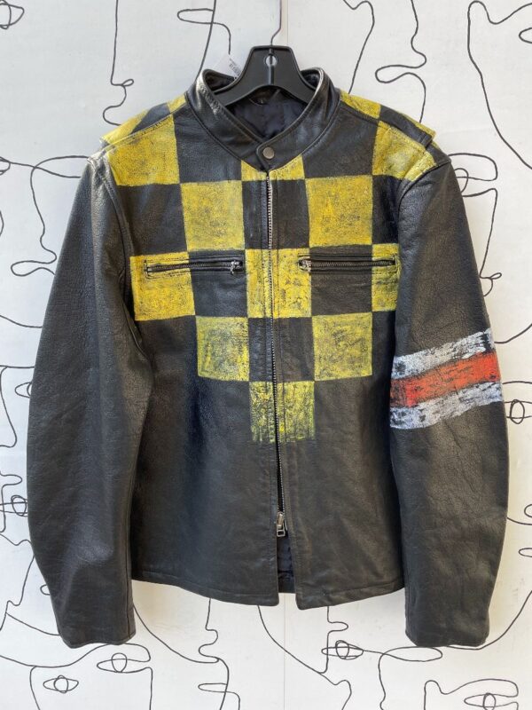 product details: HAND PAINTED CHECKERED RACING STRIPE CUSTOM LEATHER JACKET photo