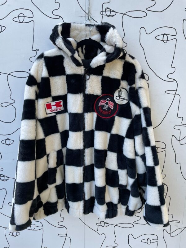 product details: CUSTOMIZED OVERSIZED FUZZY CHECKERED ZIPUP TEDDY BEAR JACKET WITH RACING PATCHES photo