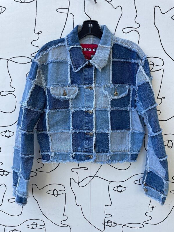 product details: 1990S DISTRESSED DENIM PATCHWORK GRID CROPPED JACKET photo