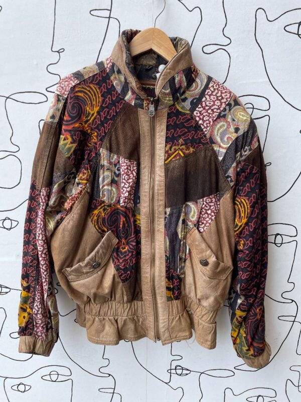 product details: AS IS AMAZING 1980S COTTON & LEATHER PATCHWORK BOMBER JACKET photo