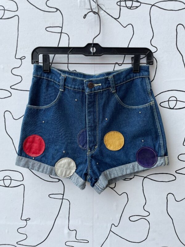 product details: AMAZING RECONSTRUCTED LEATHER POLKA DOT PATCHWORK STUDDED DENIM SHORTS W/ CONTRAST STITCHING photo
