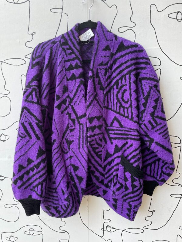 product details: AS-IS AWESOME 1980S-90S GEOMETRIC PATTERN SLOUCHY DOLMAN CARDIGAN WITH POCKETS & RIBBED DETAILS photo