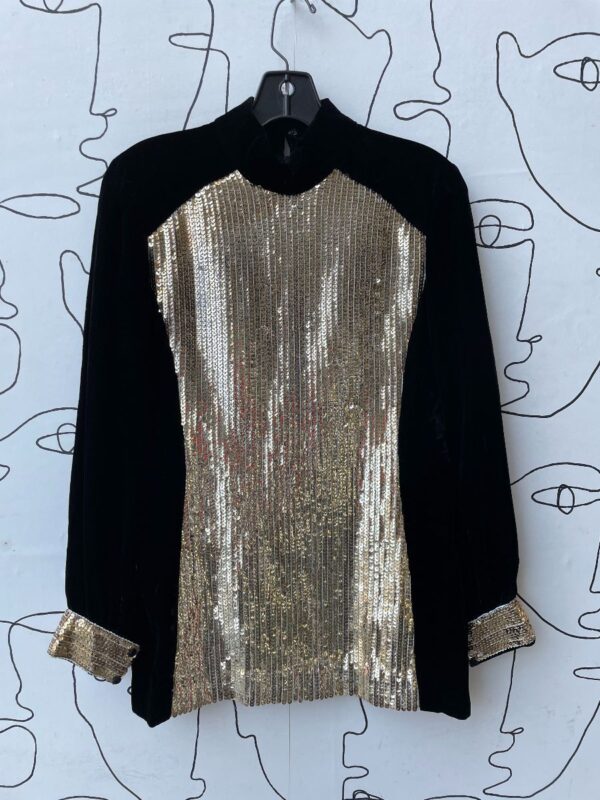 product details: AS-IS 1960S MOD VELVET AND FULL SEQUINED PANEL MINI DRESS photo