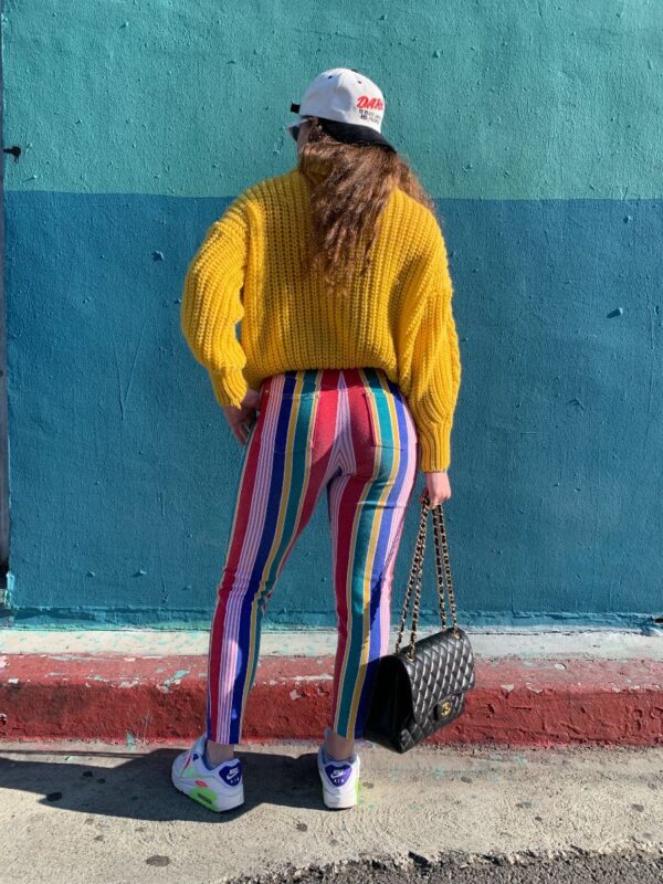 product details: AMAZING & RARE 100% COTTON PRIMARY COLORED VERTICAL STRIPED STRETCH LEGGINGS JEANS FIT & STYLING photo