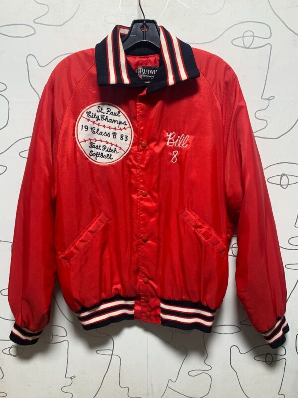 product details: RETRO SATIN BUTTON UP JACKET WITH COLLAR W/ CHAINSTITCH AND KUBYS LOGO ON BACK photo