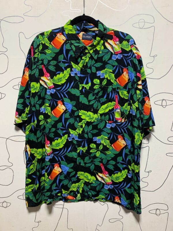 product details: FUN 1990S ALLOVER HOT SAUCE & COCKTAILS RAYON HAWAIIAN SHIRT AS-IS photo