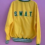 RETRO CHAINSTITCH SATIN BUTTON UP BASEBALL JACKET W/ S.W.A.T. LETTERS ON BACK AS-IS