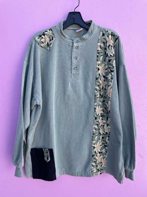 product details: 1990S COTTON TWILL QUARTER BUTTON UP HENLEY SHIRT W/ PATCHWORK PALM PRINT DESIGN photo