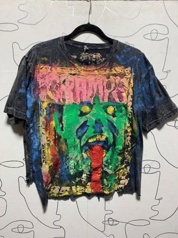 product details: SHREDDED MINERAL WASH CRAMPS MONSTER FACE HANDPAINTED T-SHIRT photo
