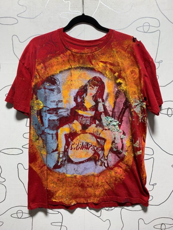 product details: THE CRAMPS GIRL ON DRUMS W/ 2 MONSTER FACES ON BACK HANDPAINTED T-SHIRT photo