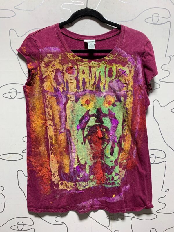 product details: SLEEVELESS THE CRAMPS MONSTER FACE W/ 2 MONSTER FACES ON BACK HANDPAINTED T-SHIRT photo