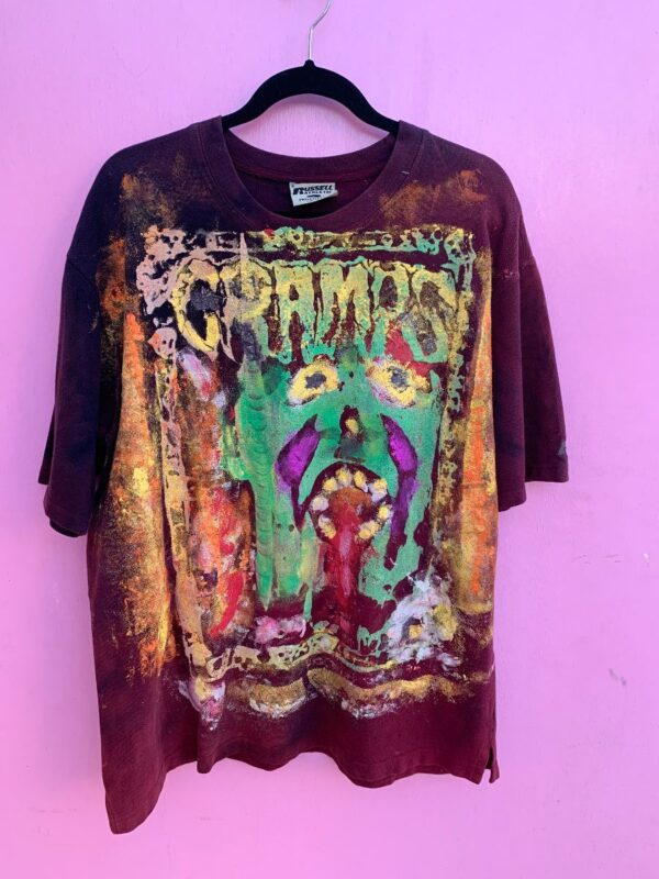 product details: TIE DYE THE CRAMPS W/ MONSTER FACE GIRL ON DRUMS BACK GRAPHIC HANDPAINTED T-SHIRT photo