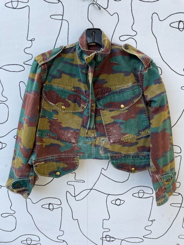 product details: AS IS CUSTOMIZED FADED COTTON CAMO QUARTER ZIP MILITARY PULLOVER JACKET photo