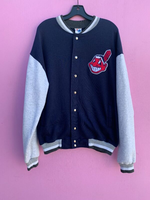 product details: CLEVELAND INDIANS BUTTON UP BASEBALL JACKET WITH CHIEF WAHOO ON FRONT photo