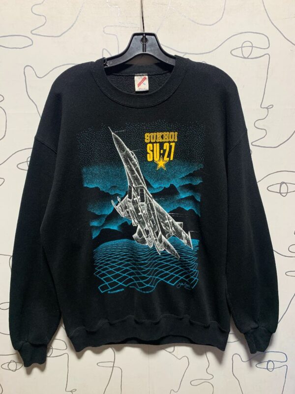 product details: CLASSIC 1980S SUKHOI SU-27 FIGHTER JET GRAPHIC PULLOVER CREWNECK SWEATER photo
