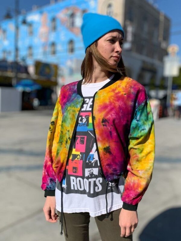 product details: COLORFUL ZIP-UP TIE DYE INDIAN COTTON 90S CROPPED JACKET W/ CINCH WAIST AS-IS photo