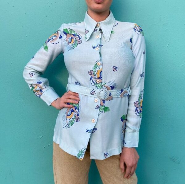 product details: AS IS LONG SLEEVE BUTTON UP BLOUSE W/ MATCHING BELT ABSTRACT FLORAL PRINT photo