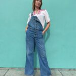 1970S FRONT BUTTON PLACKET DENIM WIDE LEG OVERALLS WITH CARGO POCKETS