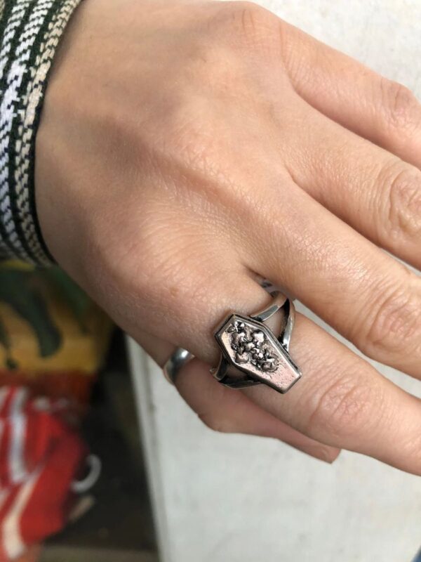 product details: COFFIN RING SIX FEET UNDER VINE WRAPPED CROSS ON COFFIN SILVER RING photo