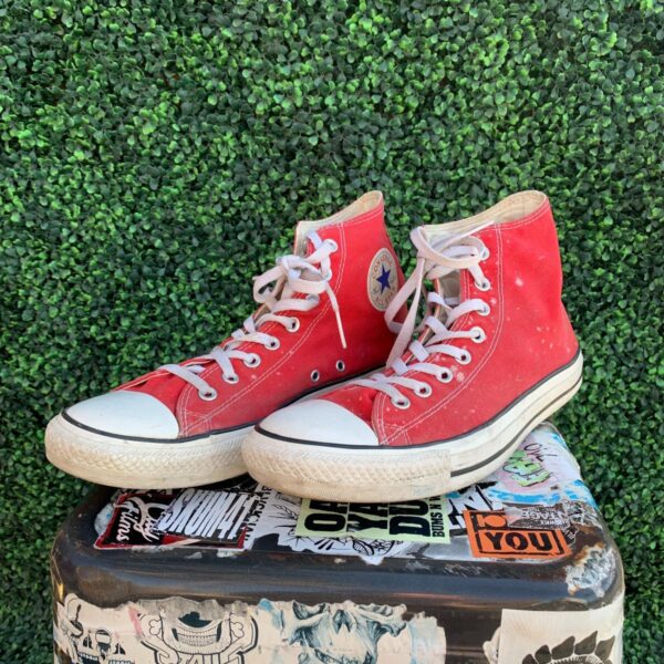 product details: RED CONVERSE CHUCK TAYLOR SHOES W/ BLEACH SPOTS THROUGHOUT photo