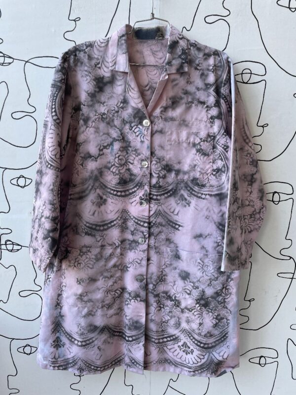 product details: CUSTOM PRINTED GREY LACE OVERLAY PRINT LIGHT PINK DYED LAB COAT photo