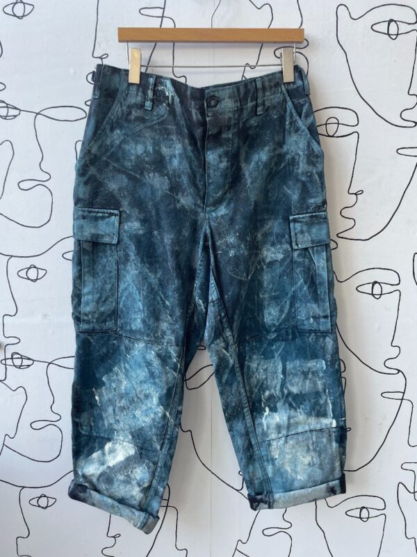 product details: CUSTOMIZED BLUE PAINTED CARGO PANTS photo