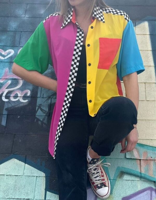 product details: RARE 1990S COLOR BLOCK & CHECKERED BUTTON UP BLOUSE SHIRT photo