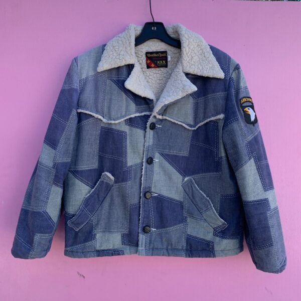 product details: AS-IS RETRO 1970S PATCHWORK DENIM PRINT BUTTON UP JACKET W/ SHERPA LINING photo