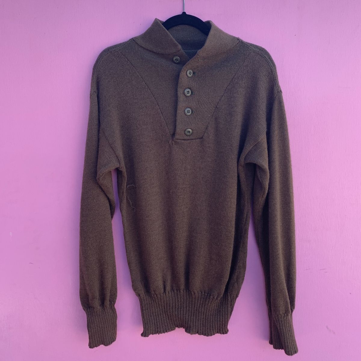As-is Dark Olive Green Wool Half Button Up Sweater | Boardwalk Vintage