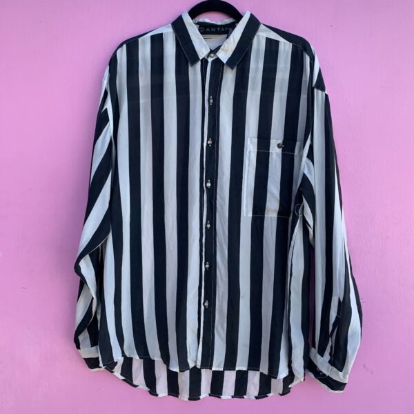 product details: 1990S VERTICAL STRIPED BLACK & WHITE SILK BUTTON UP LONG SLEEVE BLOUSE photo