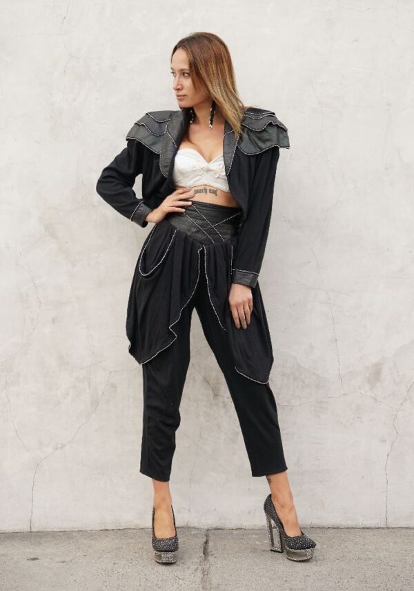 product details: 1980S CROPPED EMBOSSED LEATHER CROPPED JACKET AND STRETCHY PANTS SET WITH BEADED TRIM photo