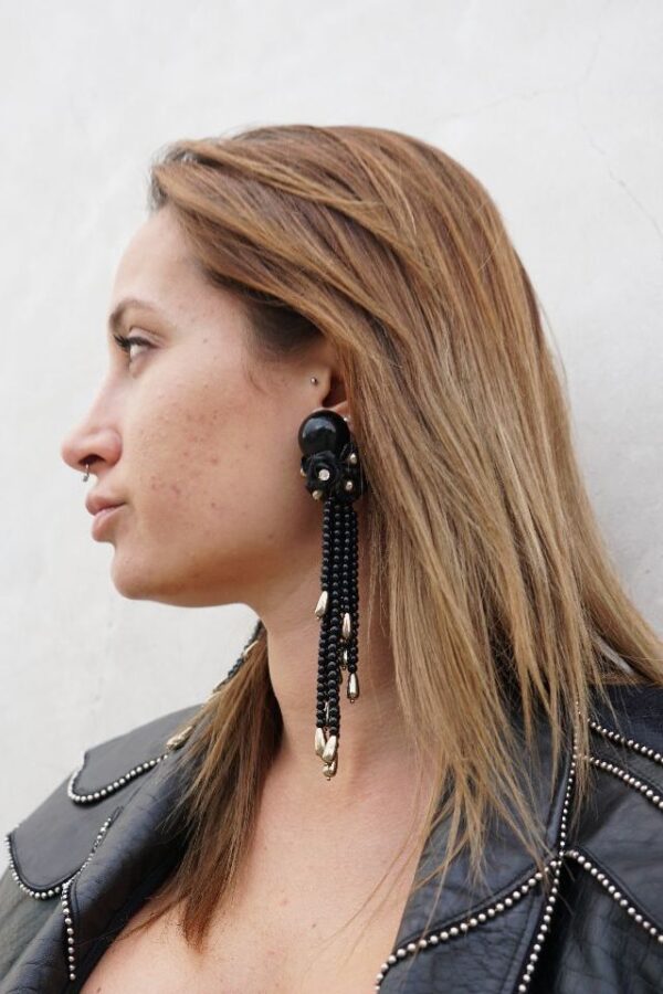 product details: ROUND BLACK FLORAL CLIP ON EARRINGS WITH LONG BEADED TASSELS photo