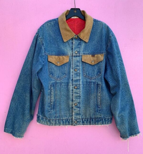 product details: DISTRESSED DENIM TRUCKER JACKET W/ CORDUROY COLLAR AND POCKETS photo