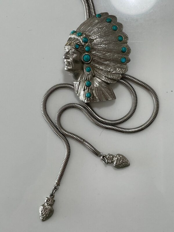 product details: LG INDIAN HEADDRESS BOLO TIE  SNAKE CHAIN BOLERO TURQUOISE CABOCHONS AS-IS photo