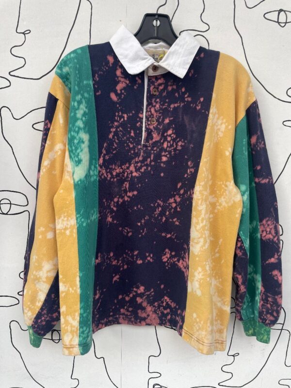 product details: CUSTOM BLEACHED 1980S COLORBLOCK QUARTER BUTTON COLLARED SWEATSHIRT photo