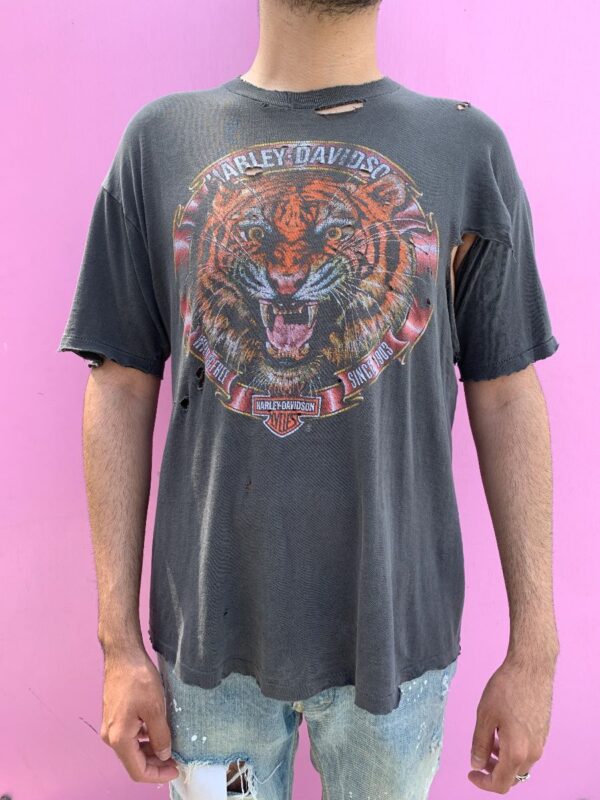 product details: EPICLY THRASHED HARLEY DAVIDSON ROARING TIGER WILD AND FREE GRAPHIC ARKPORT NY T SHIRT photo