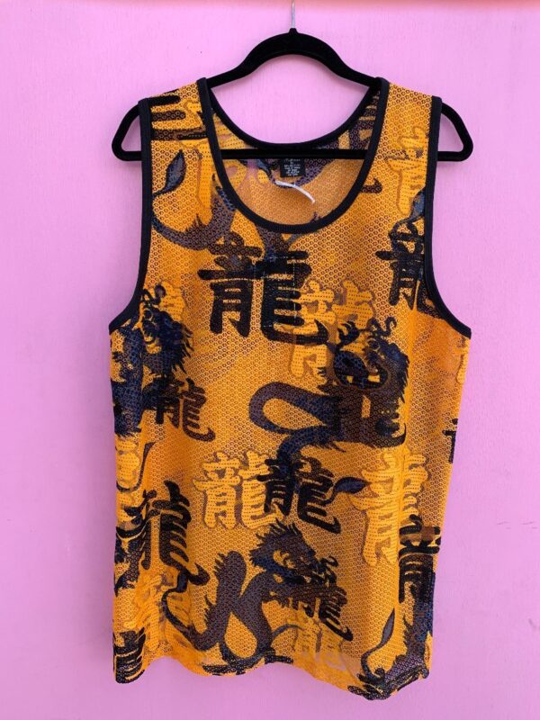 product details: NWT 1990S CALLIGRAPHY PRINT MESH OVERSIZED TANK TOP photo