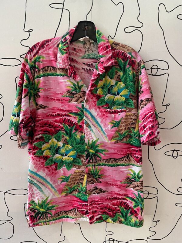 product details: VIBRANT HAWAIIAN TROPICAL PARADISE SHORT SLEEVE BUTTON-UP SHIRT RAINBOW PRINT photo