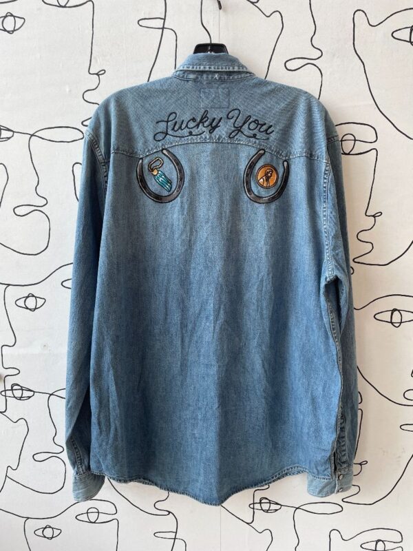 product details: EMBROIDERED WESTERN STYLE PEARL SNAP DENIM SHIRT LUCKY YOU DICE & HORSESHOES photo