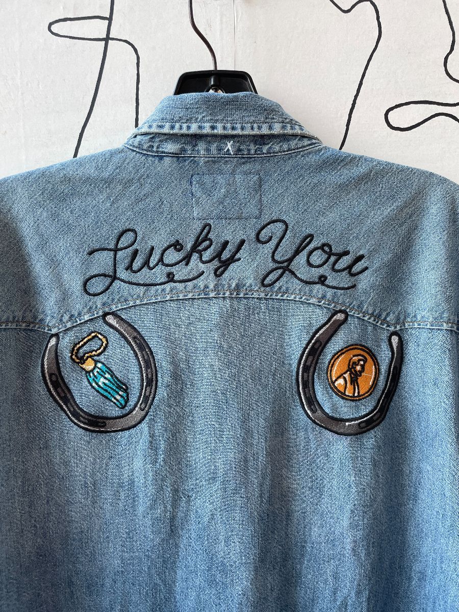 Embroidered Western Style Pearl Snap Denim Shirt Lucky You Dice &  Horseshoes