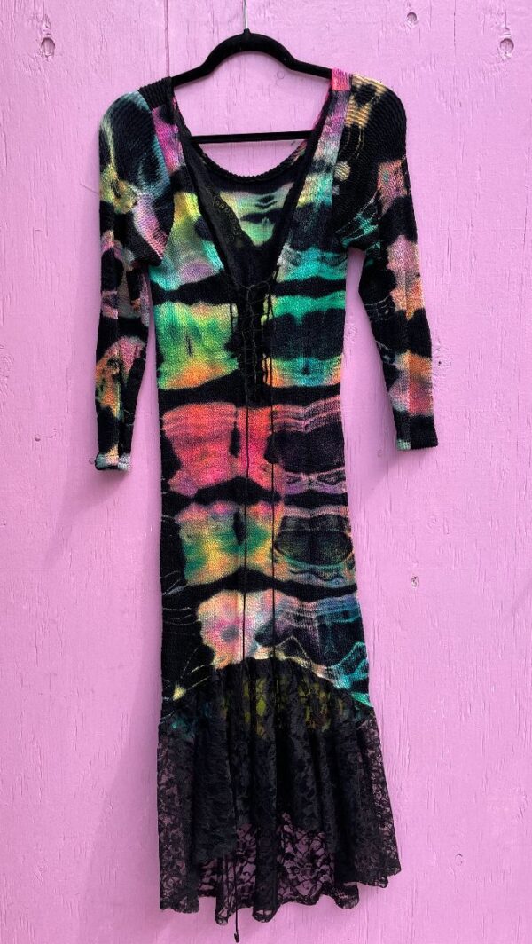 product details: OUTRAGEOUS MULTICOLORED TIE DYE MERMAID DRESS LACE TRIM photo