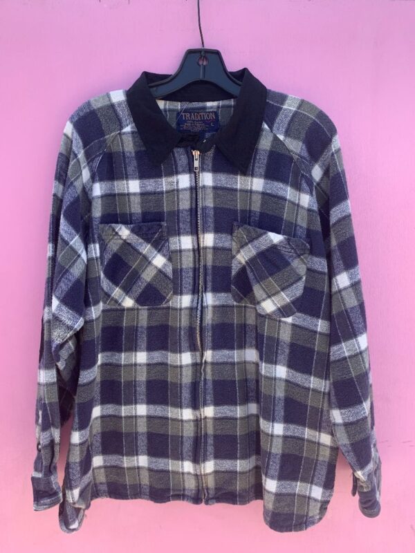 product details: 1990S PLAID ZIP UP FLANNEL WITH CONTRAST COLLAR & ELBOW PATCHES photo
