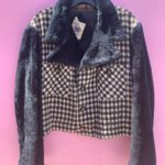 AS IS CROPPED FIT CHECKERED JACKET FAUX FUR COLLAR & SLEEVES COAT OF ARMS BUTTON DETAIL
