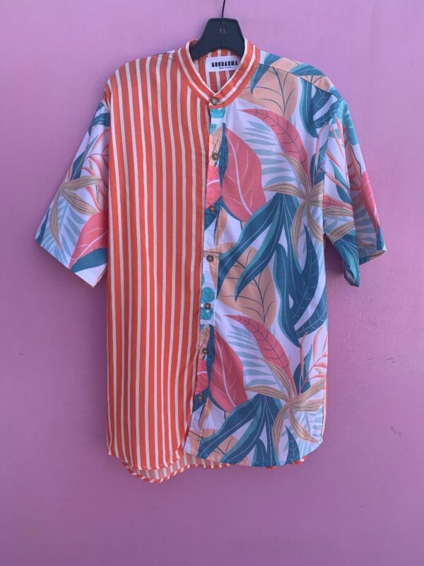 product details: CUSTOM RECYCLED TEXTILE BUTTON UP SHIRT HALFIE STRIPED & TROPICAL PRINT photo