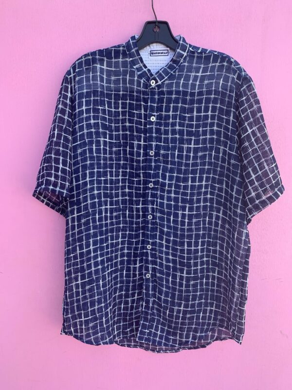 product details: CUSTOM RECYCLED TEXTILE SHEER BRUSHED GRID PRINT BUTTON UP SHIRT photo