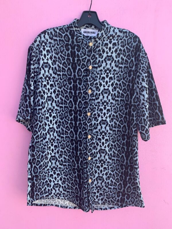 product details: CUSTOM RECYCLED TEXTILE FUZZY LEOPARD PRINT BUTTON UP SHIRT photo
