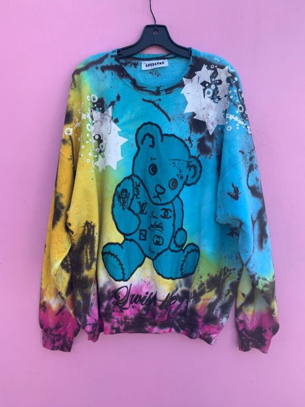 product details: CUSTOM MADE RECYCLED PULLOVER MULTICOLORED TIEDYED SWEATSHIRT TEDDY BEAR GRAPHIC photo